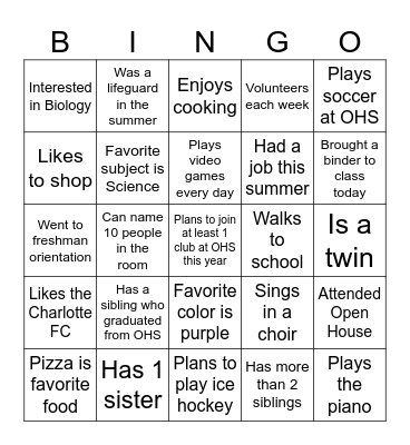 "Get to Know Your Classmate" Bingo Card