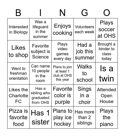 "Get to Know Your Classmate" Bingo Card