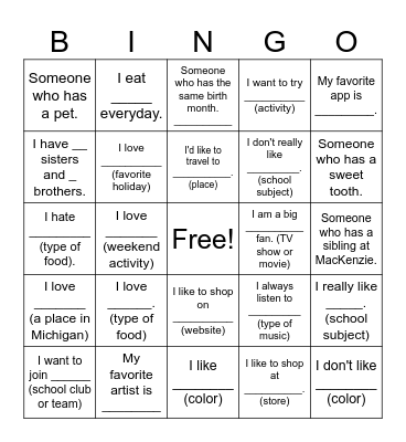 Get to Know you Bingo Card