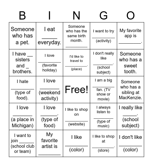 Get to Know you Bingo Card