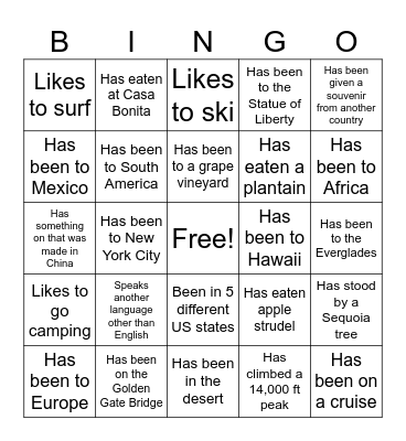 Around the World Bingo Card