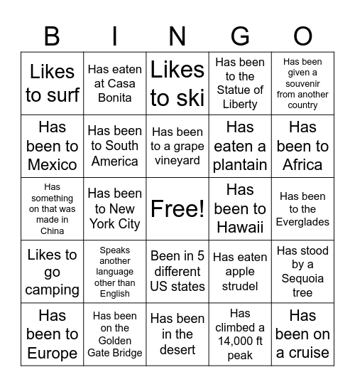 Around the World Bingo Card