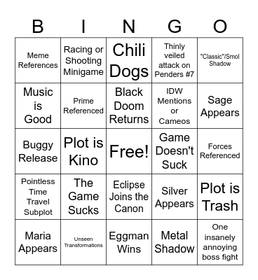 Sonic X Shadow Generations Bingo Card