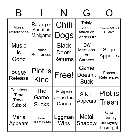 Sonic X Shadow Generations Bingo Card