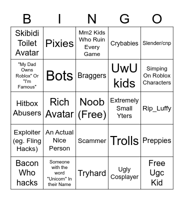 Roblox Bingo Card
