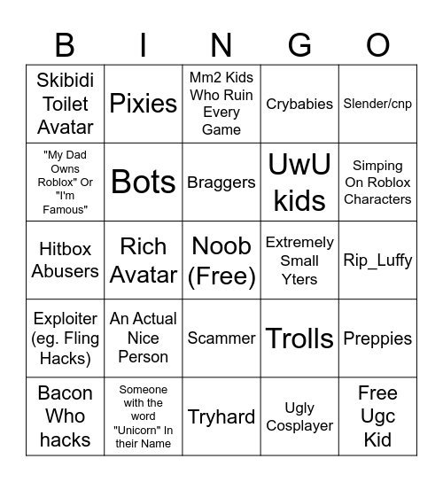 Roblox Bingo Card