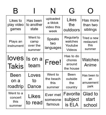 First Day of School Bingo Card