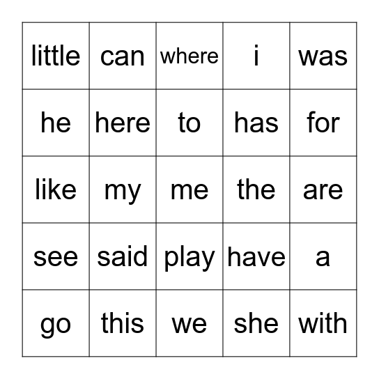 Sight Word Bingp Bingo Card
