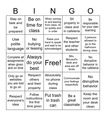 Classroom Rules and Expectations Bingo Card