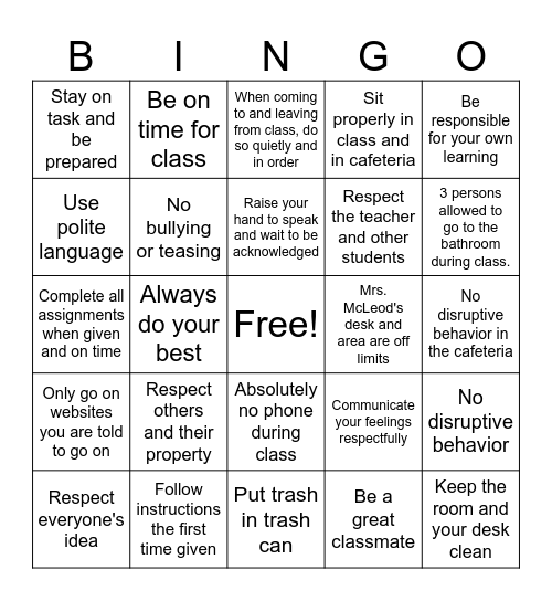 Classroom Rules and Expectations Bingo Card