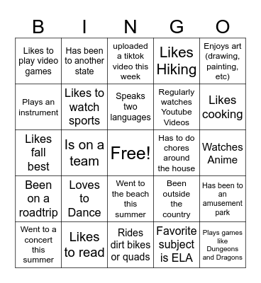 First Day of School Bingo Card