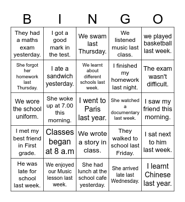 SIMPLE PAST TENSE Bingo Card