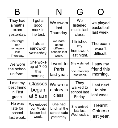 SIMPLE PAST TENSE Bingo Card