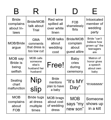 Wedding Day Bingo Card