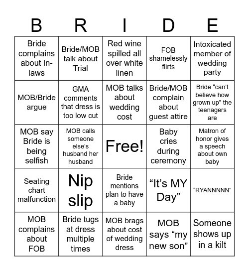 Wedding Day Bingo Card