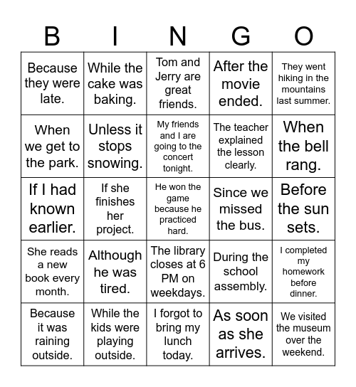 Sentence vs Sentence Fragment Bingo Card