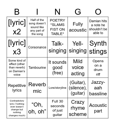 Okgo song bingo Card