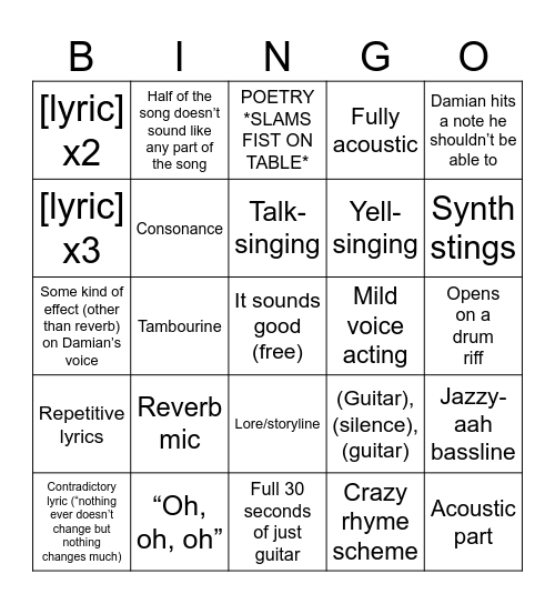 Okgo song bingo Card