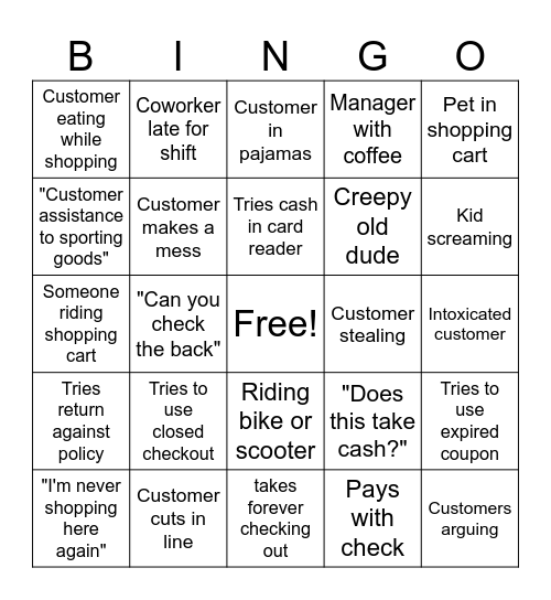 Walmart Cashier BINGO Card