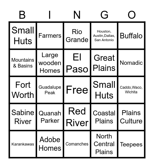 Texas Tribes & Regions Bingo Card