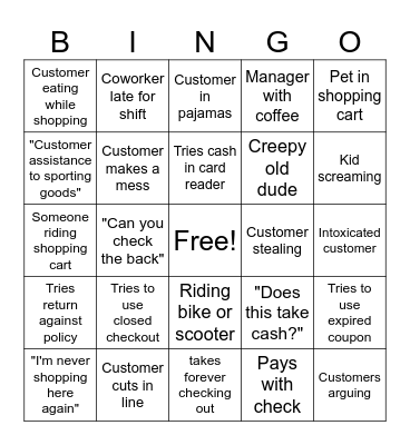 Walmart Cashier BINGO Card