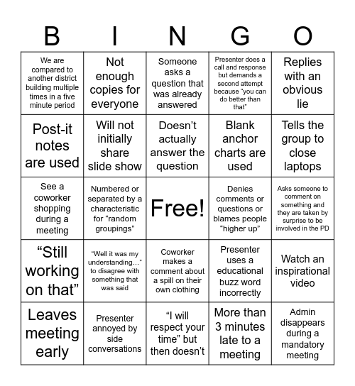 PD Week Bingo Card