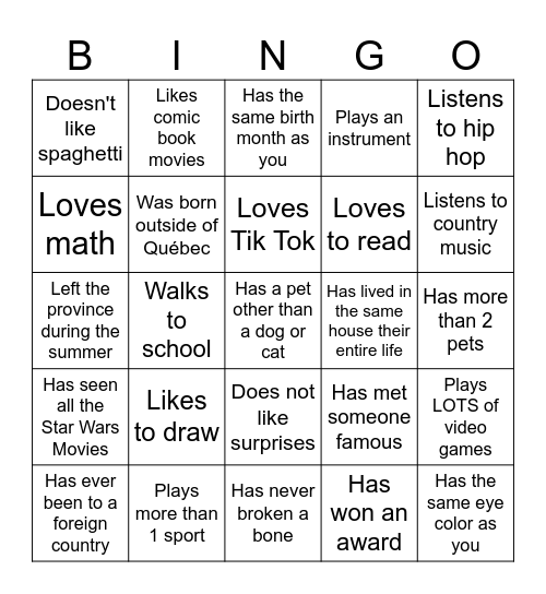 Middle School Bingo Card