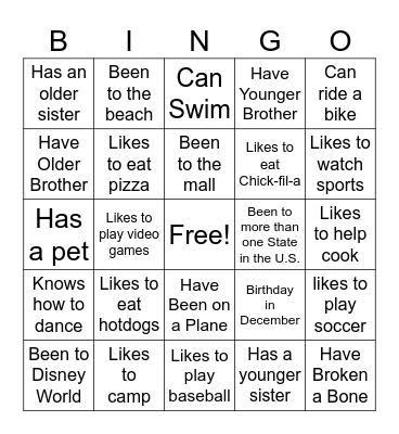 Ice-Breaker Scavenger Hunt Bingo Card