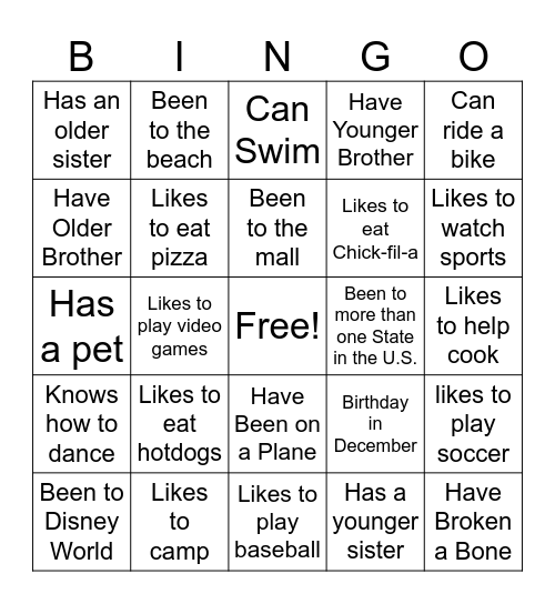 Ice-Breaker Scavenger Hunt Bingo Card