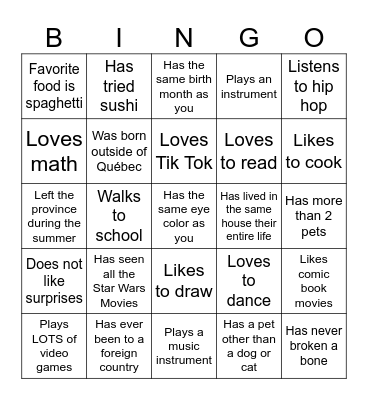 Middle School Bingo Card