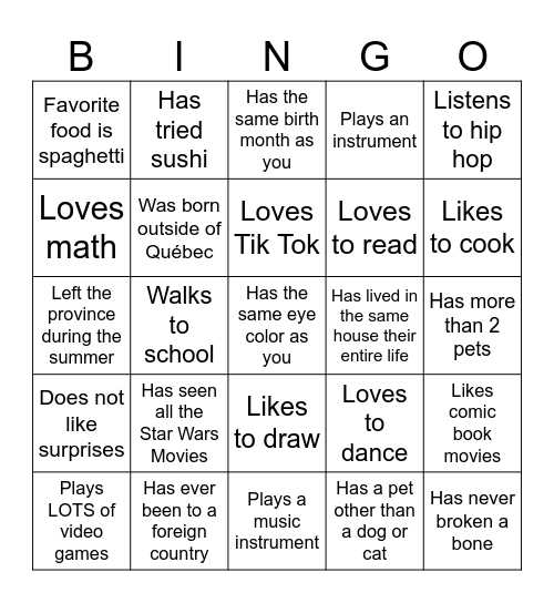 Middle School Bingo Card