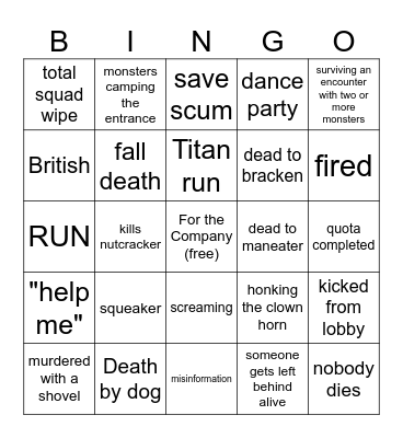 Lethal Company Bingo Card