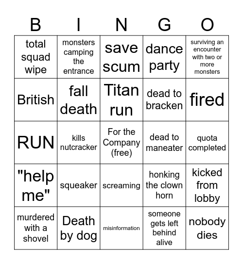 Lethal Company Bingo Card