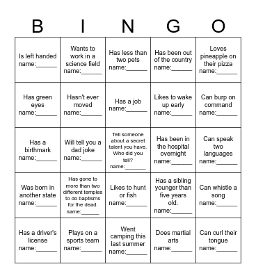 Getting to know you! Bingo Card