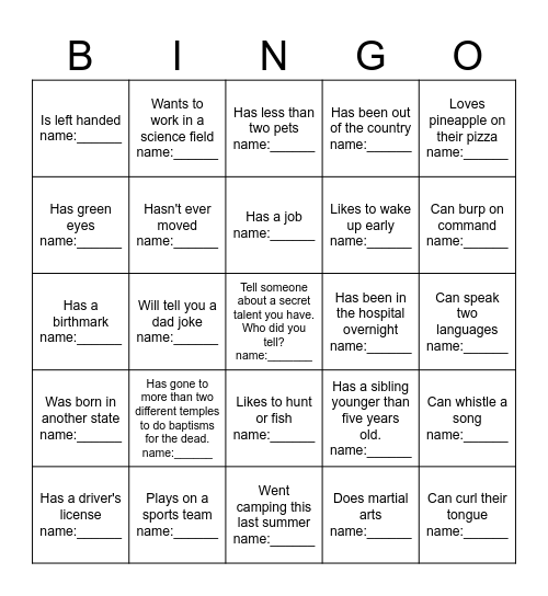 Getting to know you! Bingo Card