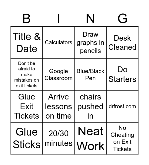 Equipment and Expectations Bingo Card