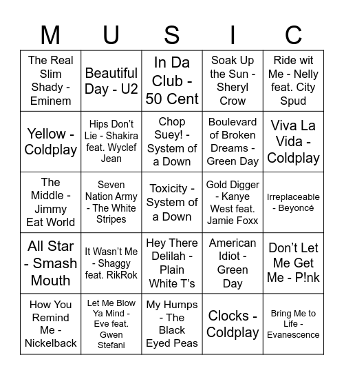 Y2K Bingo Card