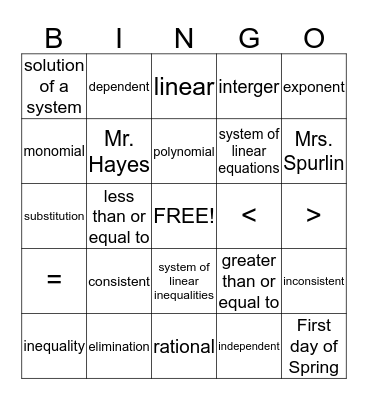 Systems Bingo Card