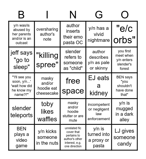 creepypasta fic bingo Card