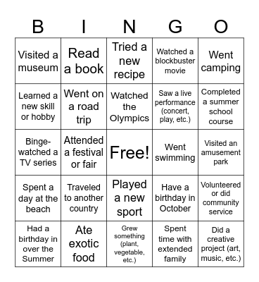Summer Break Bingo Card
