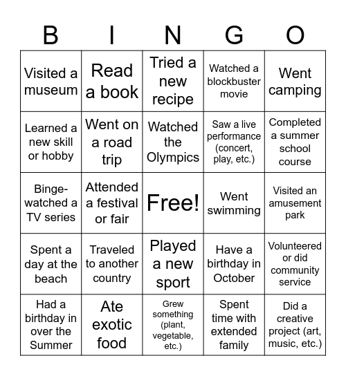 Summer Break Bingo Card