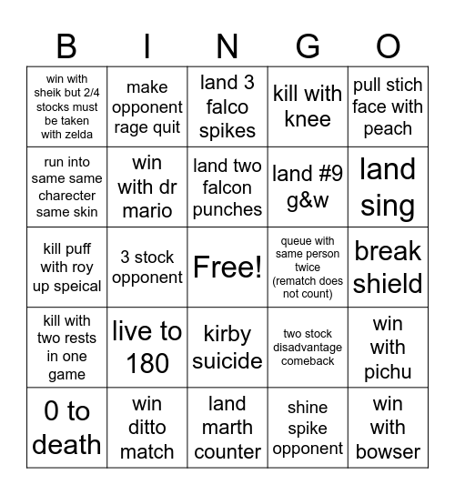 Melee Bingo Card