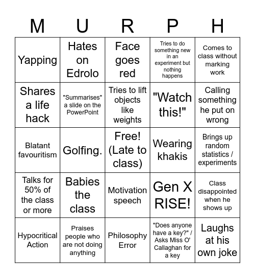 David Murphy Bingo Card