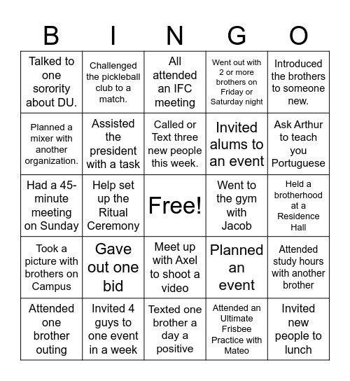 Brotherhood Bingo Card