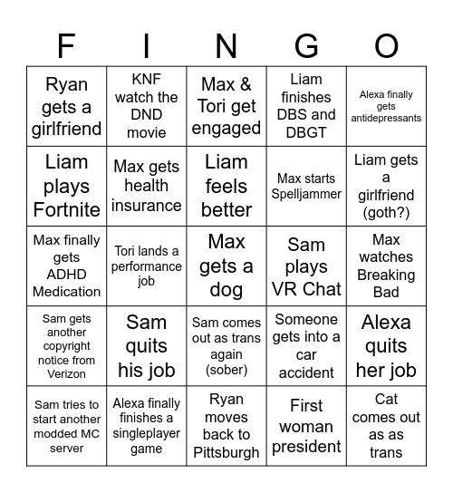 Kids Named Fingo Project 2024-2025 Bingo Card