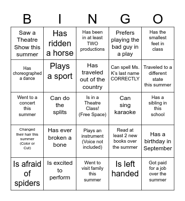 Get to Know You THEATRE Bingo Card