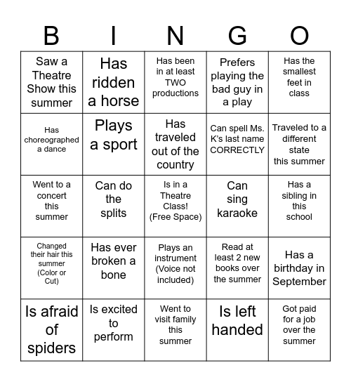 Get to Know You THEATRE Bingo Card