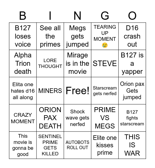 Transformers one Bingo Card