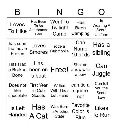 Cub Scout  People Bingo Card