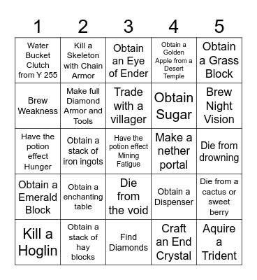 Minecraft Bedrock Lockout Bingo Card